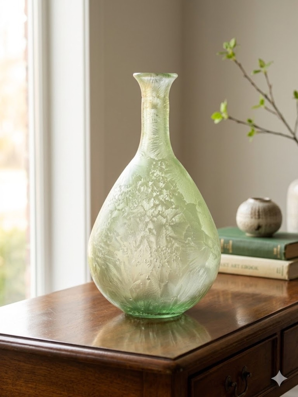 Vintage Crystalline Glaze Etched Sage Green Art Glass Vase Large 12" Heavy